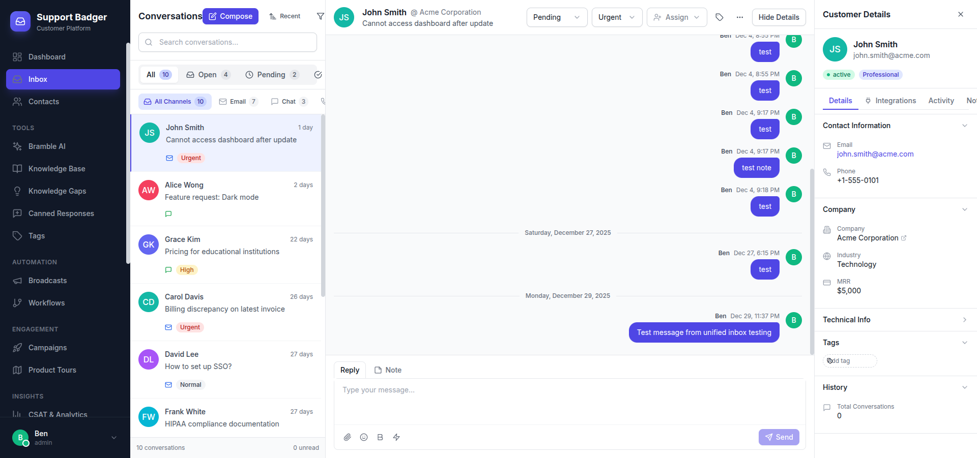 Support Badger Inbox - Unified conversation view with customer details